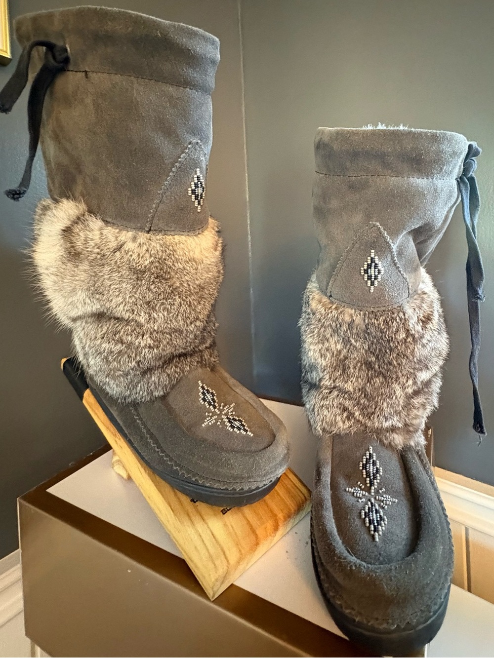 MUK LUKS - Women's Gray Suede & Rabbit Fur Lined Winter Boot with Beaded Detail